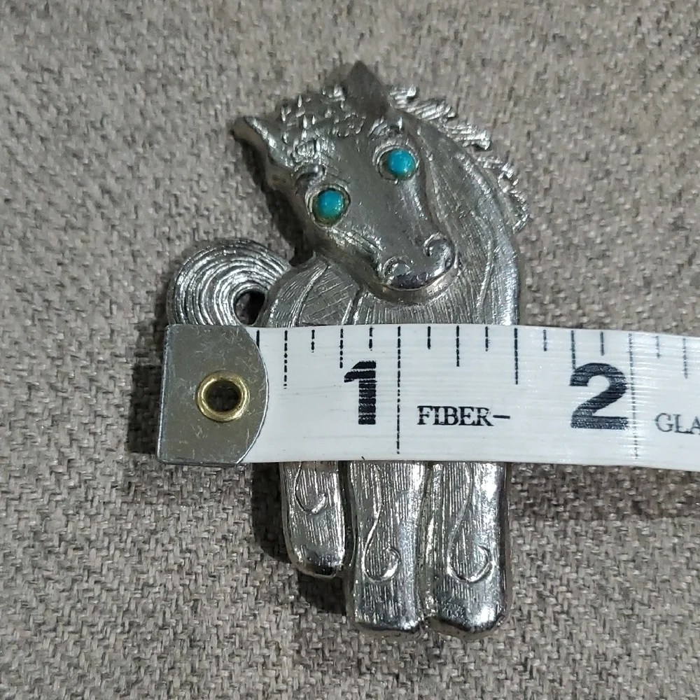 Vintage Silver Tone Horse Pony Brooch with Blue Eyes And Flower Accents Western